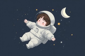 Little Astronaut Floating in Space - Flat Cartoon Illustration for Kids, AI Generated