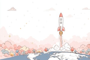 Rocket Launching from Earth - Flat Cartoon Space Illustration, AI Generated