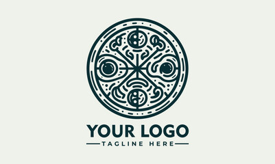 Ornate artistic pizza illustration divided into slices with decorative toppings and circular symmetry. Food concept
