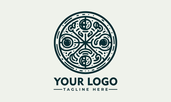 Ornate artistic pizza illustration divided into slices with decorative toppings and circular symmetry. Food concept
