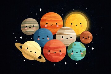 Solar System Map for Children, Flat Style, Cute Smiling Planets, AI Generated