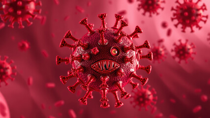 Cartoon red virus with grinning face in microscopic environment