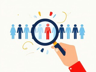 Hand holding magnifying glass over people isolated on white background