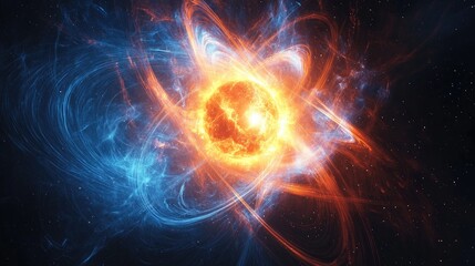 Fototapeta premium Fiery atom illustration, with swirling energy fields.