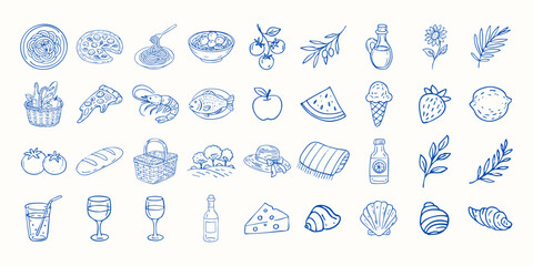 A blue and white drawing of various food items, including a wine glass, a bottle, and a bowl