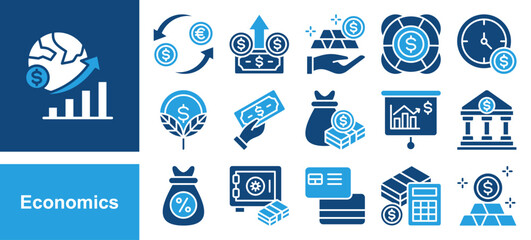 Economics icon collection set. Containing Currency Exchange, Dollar, Assets, Help, Cost, Money Growth icon. Simple flat vector.