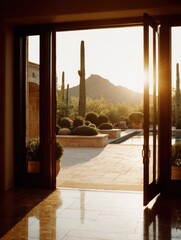 Desert Oasis View from Open Doors at Sunset in Arizona; Saguaro Cacti, Mountain Backdrop, Luxury Home, Warm Light