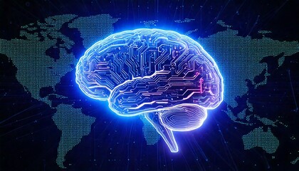 A glowing futuristic AI brain made of interconnected circuits and data nodes, hovering above a dark digital grid world map. Bright neon lights in blue and purple tones radiate from the brain