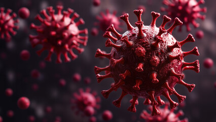 Close-up of red virus structure with spiky protrusions on dark background