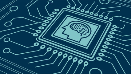 Abstract illustration of a circuit board featuring a brain symbol representing ai