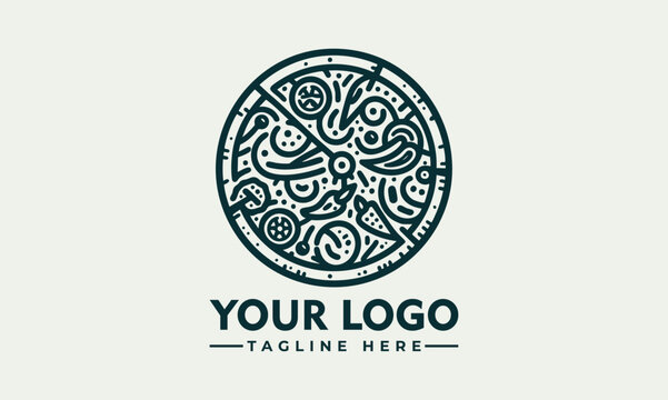 Ornate artistic pizza illustration divided into slices with decorative toppings and circular symmetry. Food concept
