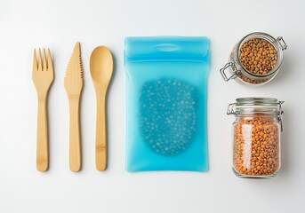 Zero waste lifestyle with reusable bag and glass jars and bamboo utensils for sustainable living concept