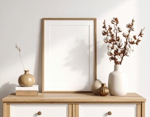 Minimalist interior with cotton stems framed art and decorative vases on a wooden cabinet