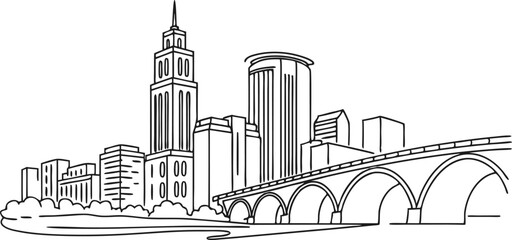 Minneapolis skyline, capturing the IDS Center and Stone Arch Bridge in a sleek, continuous-line style. © Ashes Studio