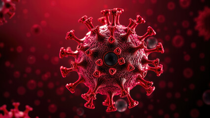 Close-up of red virus structure with textured surface and proteins on dark background