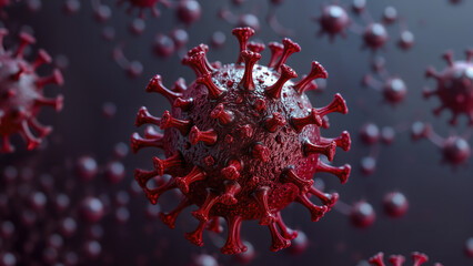 Close-up of red coronavirus structure with spike proteins