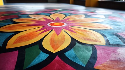 Vibrant floral design painted on a floor.