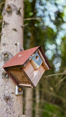 Homemade wooden birdhouse in the form of a rhombus with a brown roof, located on the tree.