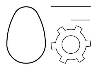 Minimalist line art with an egg-shaped object, a gear, and parallel lines symbolizing innovation, engineering, simplicity, structure, process, automation, and a simple landing page