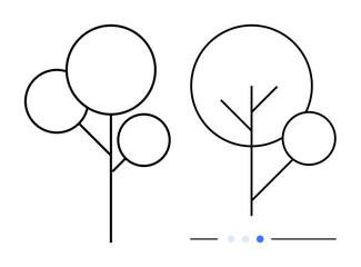 Simplified outline of two trees with circular canopies and line trunks. Minimalist aesthetic and geometric symmetry. Ideal for nature, sustainability, design, creativity, eco-concepts, innovation