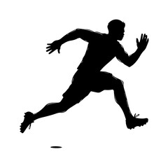 Silhouette of a male athlete in mid-stride sprinting pose, captured in full motion, symbolizing speed, strength, and determination, isolated on a white background.
