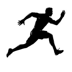 Silhouette of a male athlete in mid-stride sprinting pose, captured in full motion, symbolizing speed, strength, and determination, isolated on a white background.