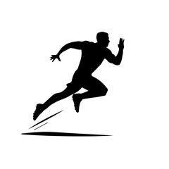 Silhouette of a male athlete in mid-stride sprinting pose, captured in full motion, symbolizing speed, strength, and determination, isolated on a white background.