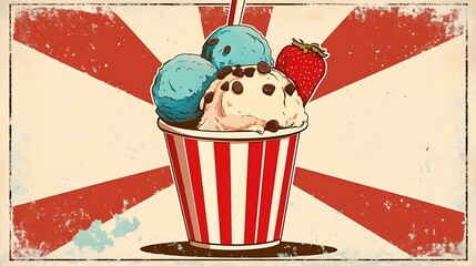 Colorful ice cream sundae in a striped paper cup.