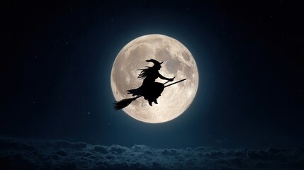 Silhouette of witch flying on broomstick across full moon in night sky with dark clouds and spooky glow