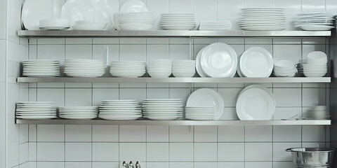 Assortment of white dishes are neatly stacked on shelves. Clean and minimalist presentation, suitable for kitchens and dining establishments