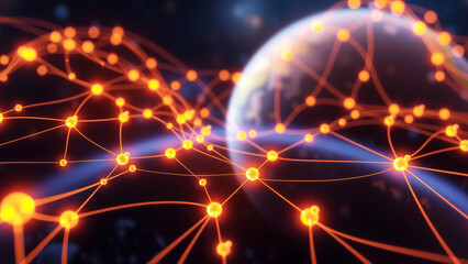 Futuristic digital network web with glowing nodes and global connections