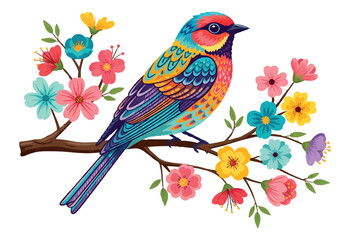 Colorful Bird on Flowering Branch.