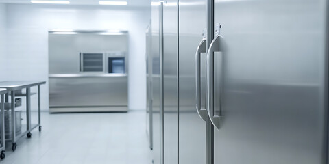 Stainless steel refrigerators stand tall, gleaming under bright lights, representing efficient food storage and organization in a clean, commercial kitchen.