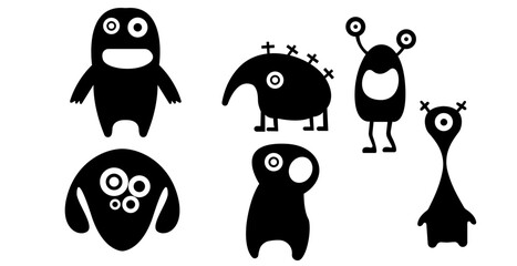 Set of funny cartoon monsters,Other planet aliens silhouette 