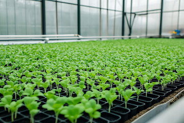 Young seedlings in a greenhouse create a vast, vibrant green carpet, promising growth and abundance, highlighting the potential of controlled agriculture.