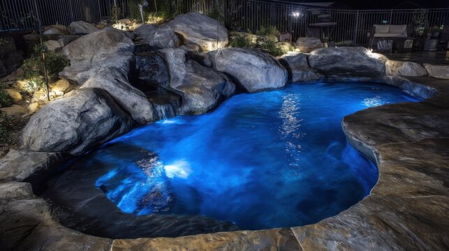 Illuminated pool with waterfall and rock features at night, high angle view of backyard oasis with blue water