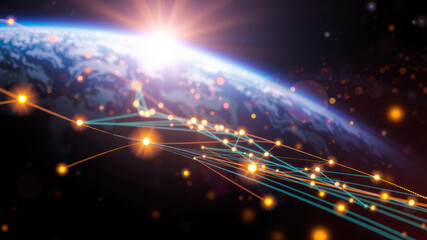 Global network connectivity spanning the earth's horizon with digital nodes and sunrise