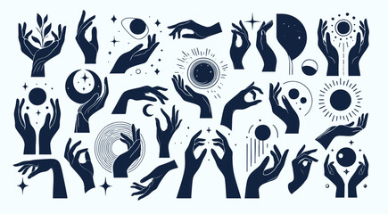 Collection of Minimal Silhouette Style Magical Hands Vector Illustration – Mystic Palm and Hand Symbols for Astrology, Tarot, Spiritual Art, Magical Design, Celestial Posters, and Witchy Graphics