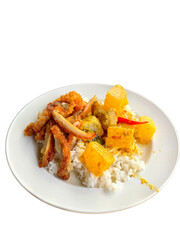 Delicious Plate of Rice with Fried Meat and Colorful Vegetables
