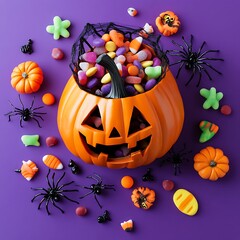 Halloween candy in an orange jack-o'-lantern.