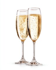 Two Champagne Flutes Filled with Bubbly Sparkling Wine on White Background Studio Shot Close Up Celebration Toast