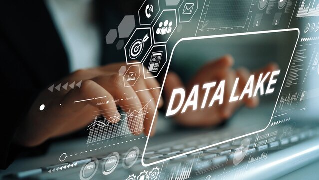 Conceptual Image of Data Lake Visuals with Hands Typing on Keyboard Surrounded by Digital Interface Elements. Asymptotic smart data analytic.