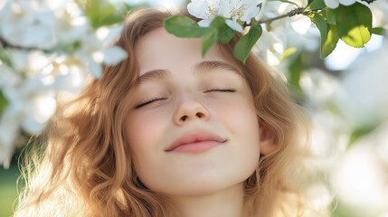 Young blonde european woman with closed eyes smiling peacefully among blooming white flowers. Springtime beauty, serenity, and nature harmony captured in soft natural light.