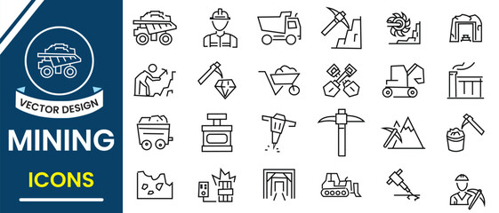 Mining icon set. Mining and digging line icon, vector set. Gold, diamond, coal wagon, oil, train, stone, editable stroke line icon. Vector illustration. © Vector Vista