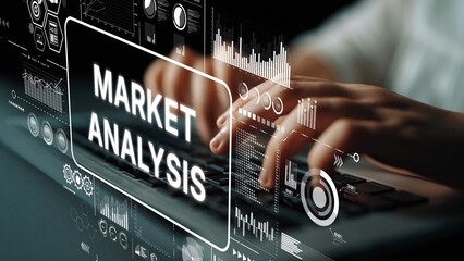 Hands typing on keyboard with digital dashboard for market analysis and financial data...