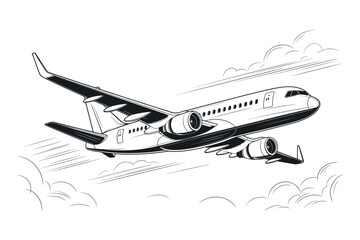 Black and White Illustration of a Passenger Airplane in Flight Above the Clouds