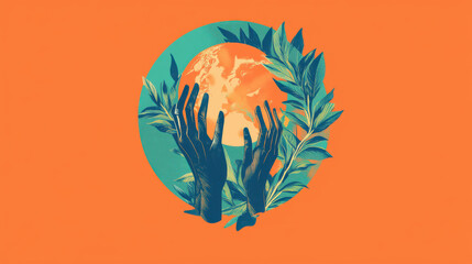 Protecting the World: A poignant depiction of hands cradling the Earth, embraced by a wreath of leaves against a vibrant orange backdrop. A symbol of care and unity.