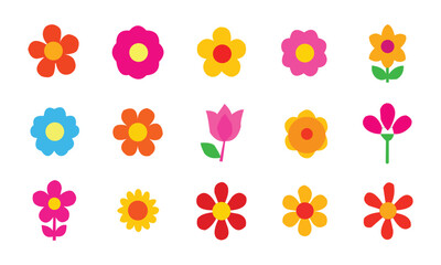 Chamomile. Colorful daisy round flower set. Camomile icon collection. Isolated on background. Flat design. Vector illustration. Summer chamomile flower. Love symbol. Groovy daisy flowers set