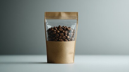 Brown paper and clear plastic coffee bean pouch