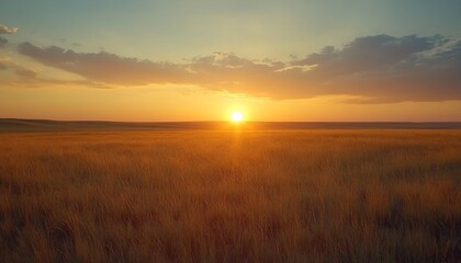 Golden Hour Glow: A Serene Sunset Over a Vast Field of Grain, Tranquil Horizon